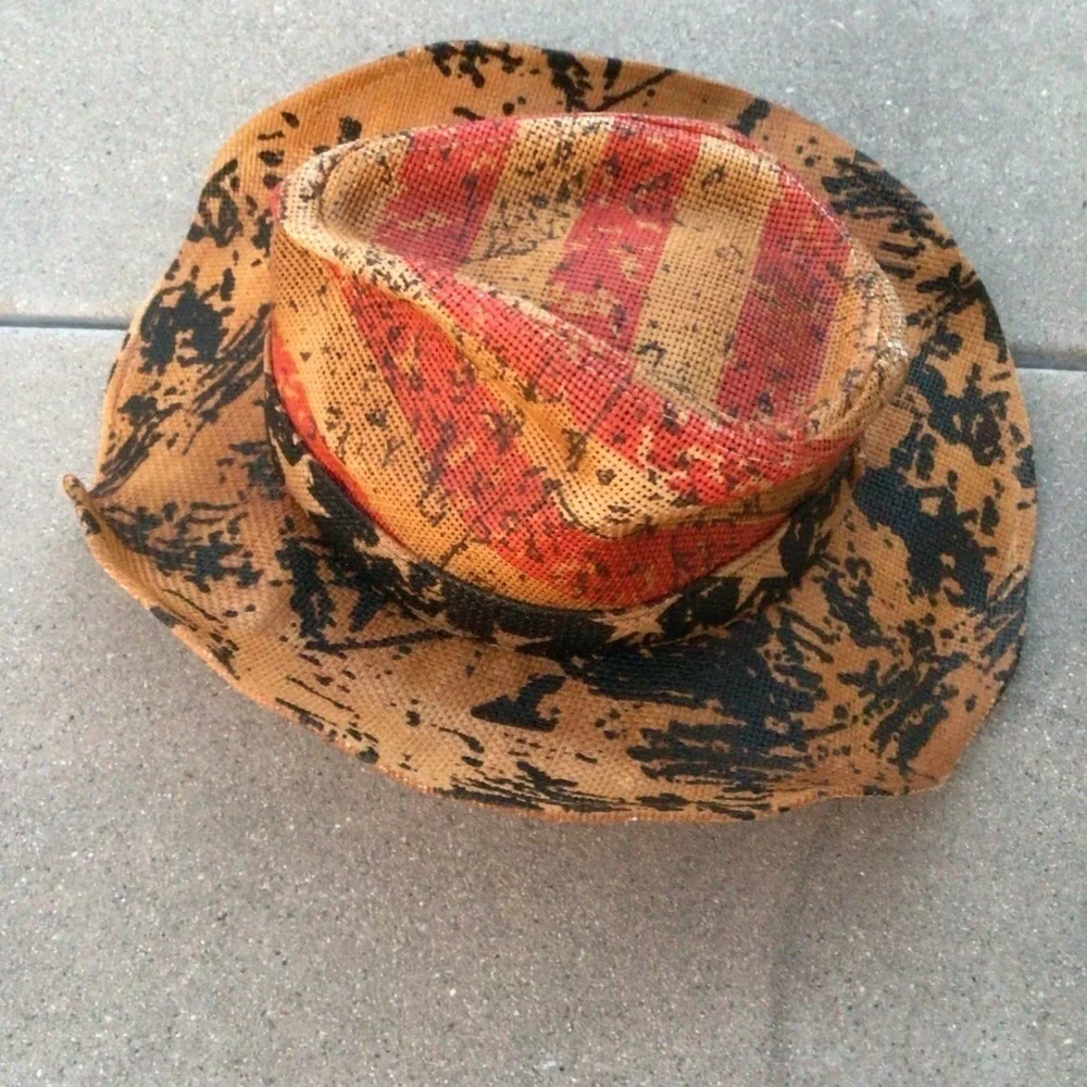 Vintage Tea Stain USA 4th Of July American Flag Shape It Brim Cowboy Western Hat